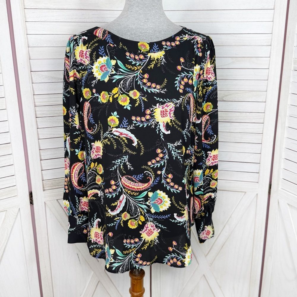 Loft Paisley Floral Blouse Pop Over Top Long Sleeve Black Multi Small